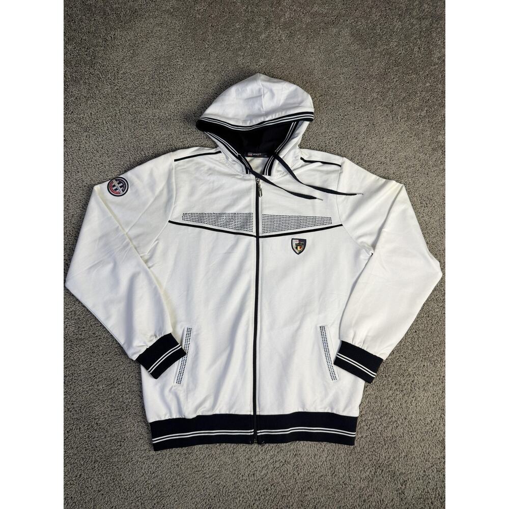 WND Hoodie Mens 2XL White Full Zip Hooded Pockets Sports Crest Striped Trim